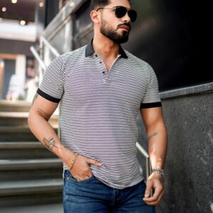 Black Ember Luxe Striped Polo T-Shirt For Men