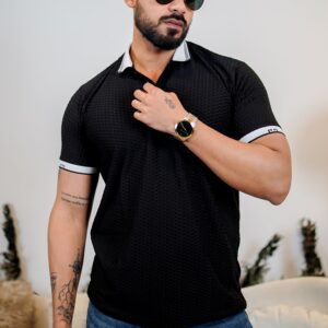 Textured Luxe Black Polo T Shirt - Tailored Fit