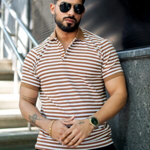 Brown Striped Half Sleeve Premium Polo T-Shirt