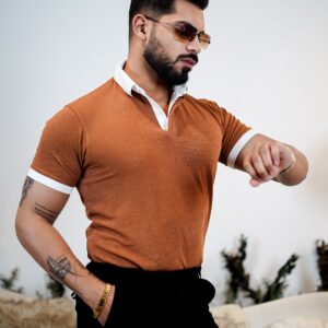 Weffi Brown Textured Polo T-Shirt