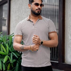 Cocoa Brown Luxe Striped Polo T-Shirt