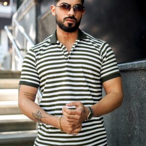 Olive Striped Half Sleeve Premium Polo T-Shirt