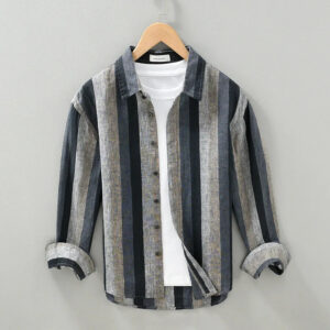 Men's 100% Linen Striped Long Sleeve Shirt - Turn-down Collar Spring Dress Shirt